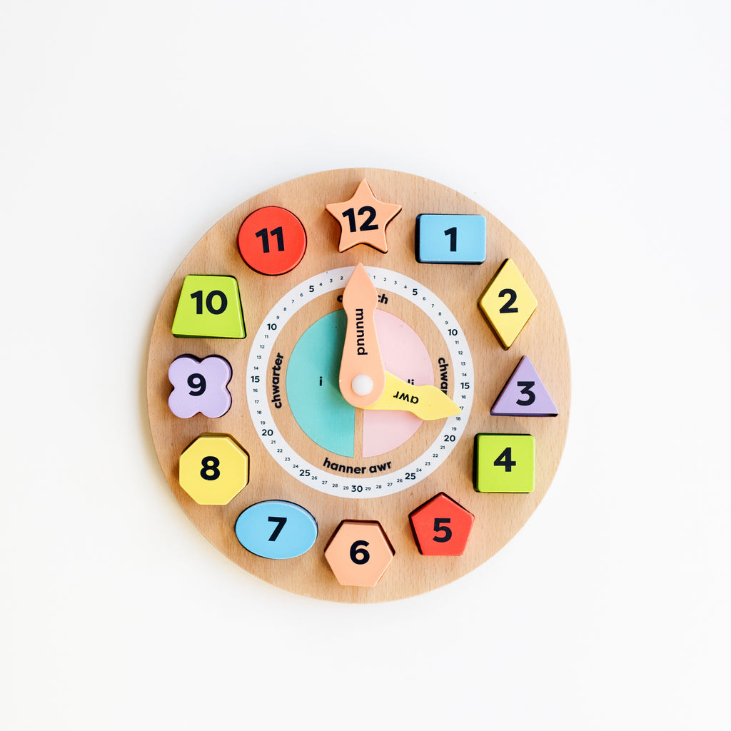 Mwnci Welsh Teaching Clock, sustainable wooden educational toy, made in Wales