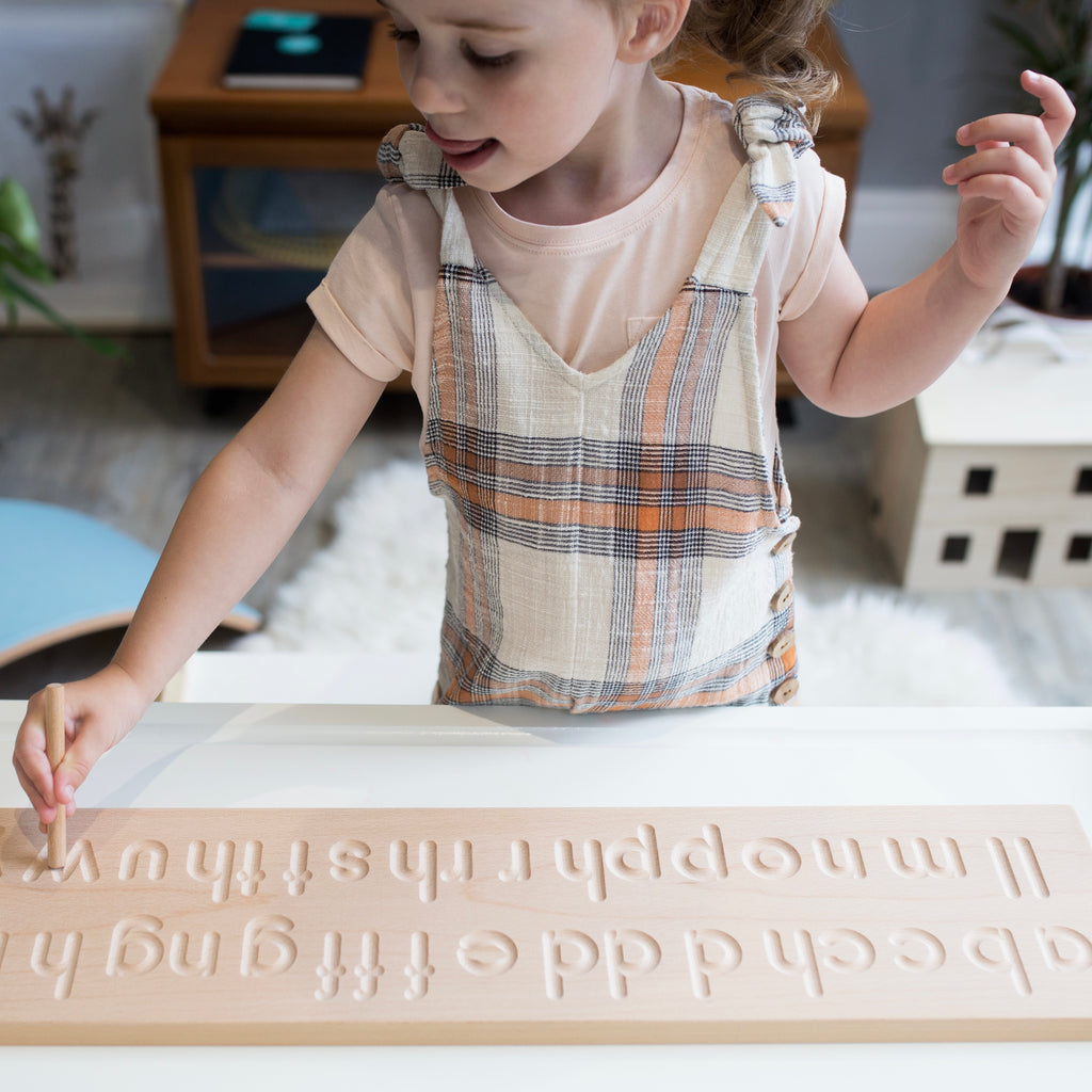 Mwnci Welsh Alphabet Tracing Board, sustainable wooden educational toy, made in Wales
