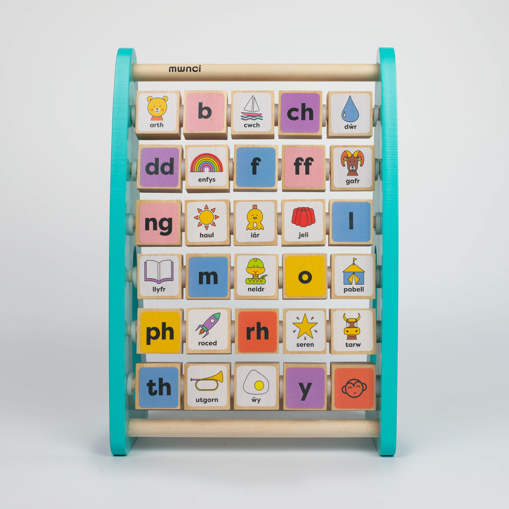 Mwnci Welsh Alphabet Abacus, wooden educational toy made in Wales