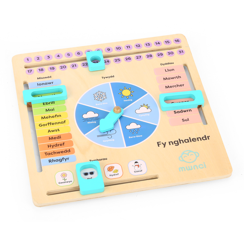 Mwnci Welsh Calendar, sustainable wooden educational toy, made in Wales
